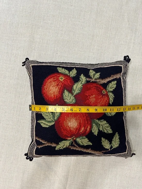 Vintage Lillian Vernon Needlepoint Fruit Pillow with Red Apples and Velvet Back - Picture 7 of 10